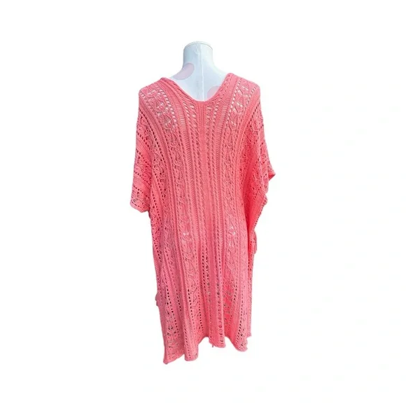 High Low Crochet Coral Swimsuit Coverup - one size - Picture 4 of 5